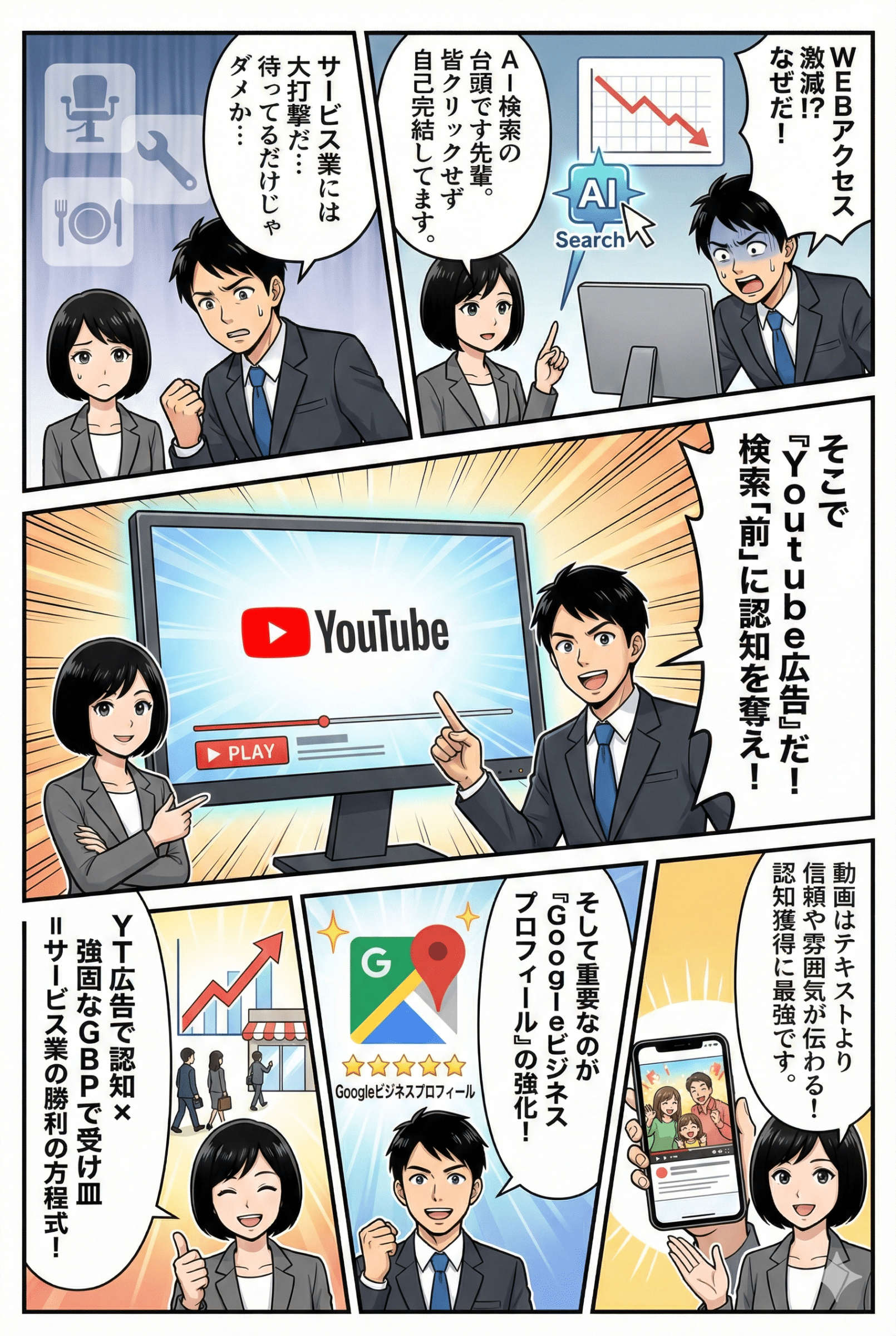 【漫画でわかる】AI検索時代のサービス業生存戦略!Youtube広告+Googleビジネスプロフィール 13 service youtube gbp scaled